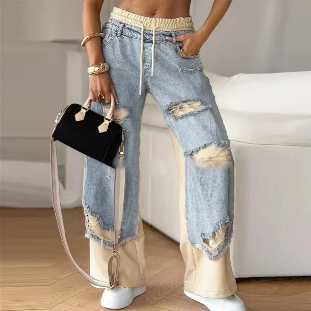 Woman's Ripped Patchwork Contrast Denim Trousers … - image 8